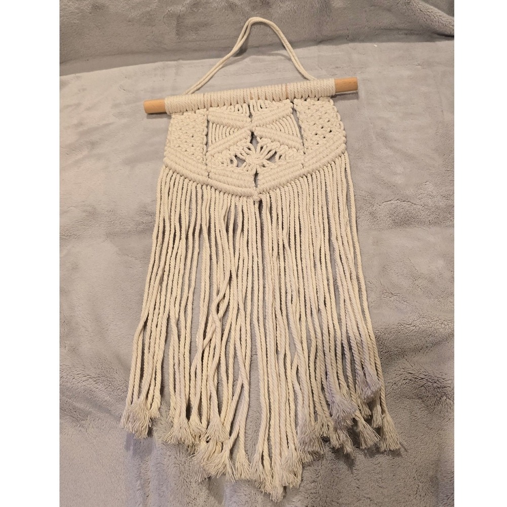 Boho Macrame Wall Hanging Cream Cotton Woven Fiber Art Geometric Fringe Decor